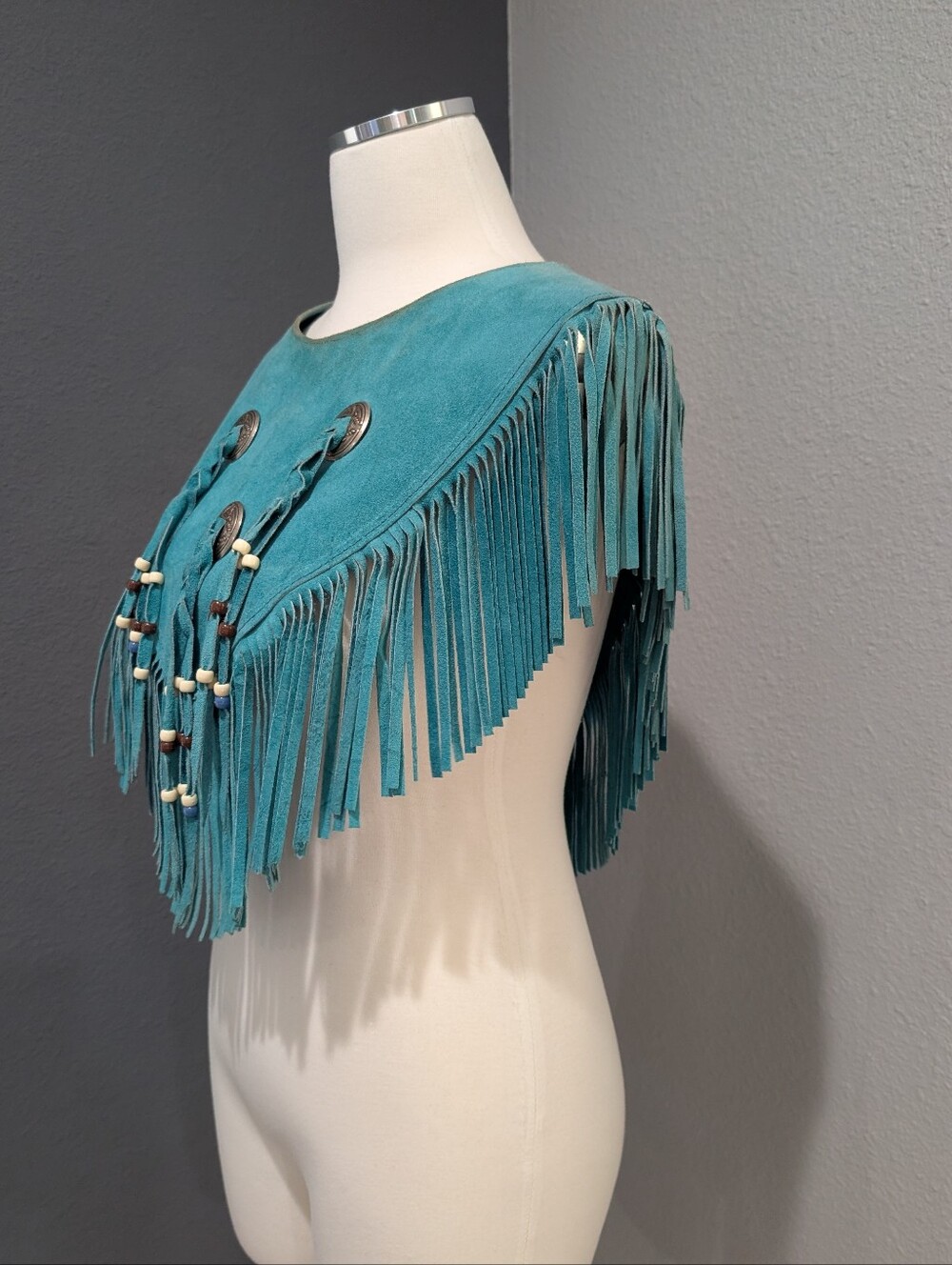 Vintage Steer Brand Teal Suede Fringe Cape with Conchos - Boho Western Statement - Picture 4 of 16